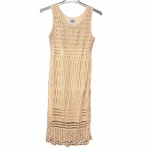 Vintage 90s R&M Richard Crochet Lace Beaded Dress Medium Beige Empire Waist Boho